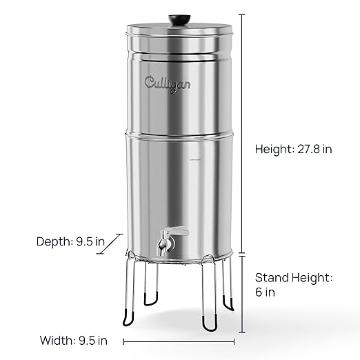 Culligan MaxClear 3 Gallon Gravity Water Filter System, Polished Stainless-Steel Countertop Water Filter NSF/ANSI Certified to Reduce Microplastics, Lead & Total PFAS, with 1 Ceramic Filter