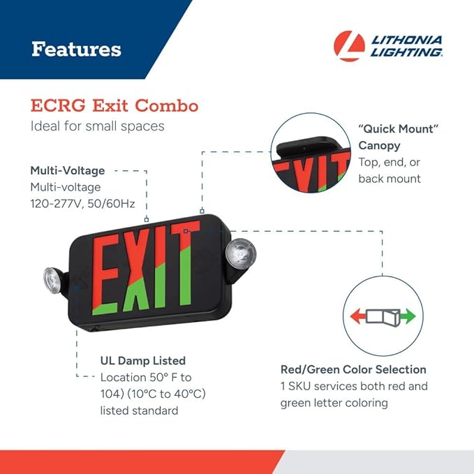 Lithonia Lighting ECRG Basics LED Exit Sign/Emergency Light Combo, Red/Green Switchable Exit Sign and Emergency Lights for Business, 2-Head Fixture, Round Lamp Heads, Black