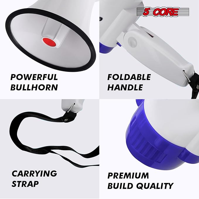 5 CORE Megaphone 30W Bull Horn PA Speaker w 800 Yards Range Loud Siren Voice Amplifier Lightweight Portable Megafono for Outdoor Sports Cheerleading and Coaches (8R-USB-WB)