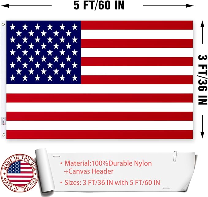 Embroidered American US Flag 3x5 Outdoor Made in USA - Double Sided Heavy Duty Vivid Color United States Flag Banners with 2 Brass Grommet