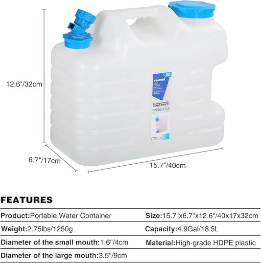 REDCAMP 5 Gallon/18.5L Portable Water Container with Spigot, Camping Water Jug, Water Container,Large Water Tank,Portable Emergency Water Storage for Camping,Car,Hiking,Hurricane Supplies
