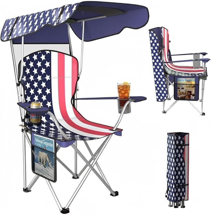 Portable Folding Camping Chairs with Canopy Shade, Beach Chair for Adults, Durable Weather Resistant 600D Oxford Cloth, Camping Chair with Canopy for Outdoors [Flag]