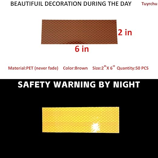 Non Fading Brown Reflective Stickers 2 inch X 6 inch, Outdoor Waterproof High Visibility Warning Safety Adhesive Reflector Tape (50 Pcs)
