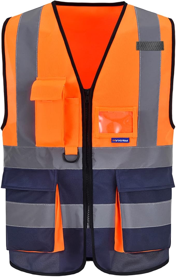 6XL-8XL Orange&Navy High visibility vest,ZIPPER Reflective Safety Vest Workwear 7 Pockets Hi Vis Durable Vest with Reflective Tapes