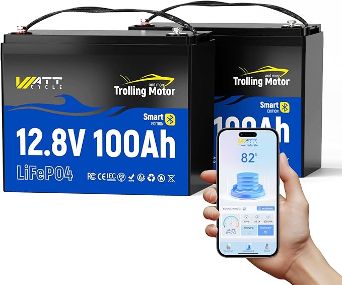 WattCycle 12V 100Ah LiFePO4 Battery 2 Pack, Lithium Battery 12V 120A BMS, IP67 Marine Batteries for Trolling Motor, Built-in Bluetooth, Monitor, Mobile APP, Perfect for Home Energy, RV, Marine, Solar