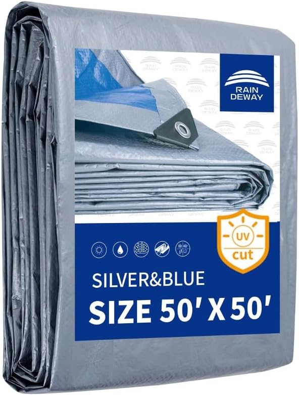 RAINDEWAY Large Tarps 50x50 Feet, 5.5 Mil - Multipurpose Waterproof Poly Tarp Cover with Metal Grommets and Reinforced Edges, Silver/Blue Tarp