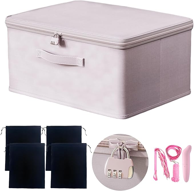 Locking Adult Game Toy Storage Organizer Lock Box Toy Storage Bins Women and Men Game Toys Storage Bags with 4 Drawstring Bags, Large capacity 16 x 11.8 x 8.2 Inches (Gray pink)