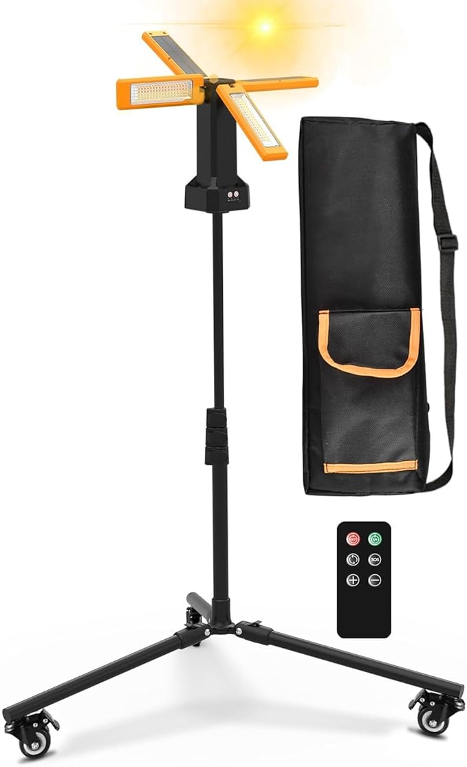 13200mAh Rechargeable Solar Work Light with Folding Stand and Carrying Bag, AODOO 8000 Lumen Stepless Dimmable , White/Warm/Nature White/RED(SOS) with Detachable Tripod (Orange(Tripod with Pulley))