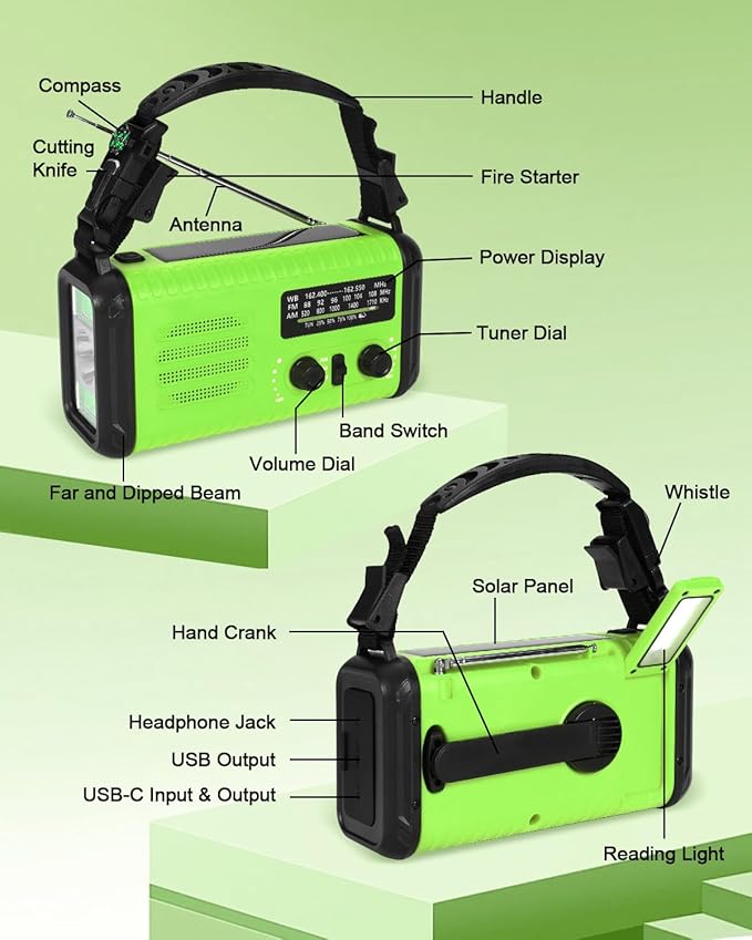 Emergency Crank Radio, 20000mAh / 74000mWh Solar Hand Crank Weather Radio with NOAA/AM/FM, Battery Powered Radio with Cell Phone Charger, Flashlight & SOS for Emergencies/Home (Light Green)