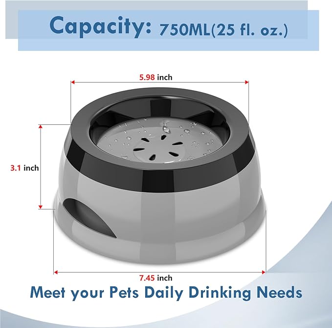 Takfox Dog Water Bowl, No Spill Cat Slow Feeder Water Dispenser Portable Vehicle Carried Car Travel Bowls for Small Medium Pets Sloppy Messy Drinkers 25oz, Grey