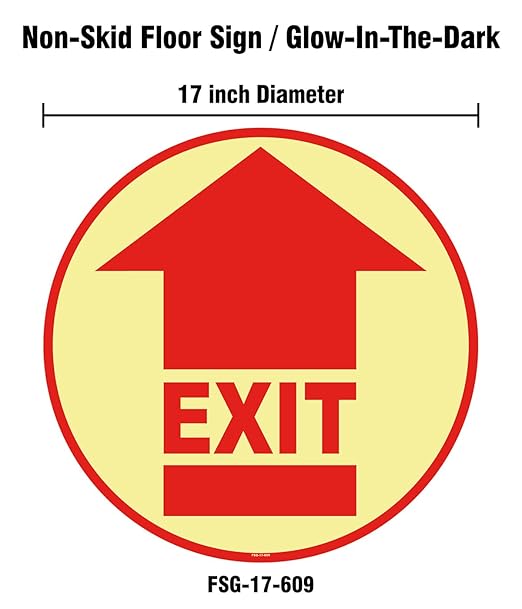 Stranco Non-Slip Glow in the Dark Floor Sign "EXIT" 17” Red on White | Permanent Acrylic Adhesive, Pebble-Textured Laminate, Durable 20 mil Construction, Slip-Resistant Safety Label