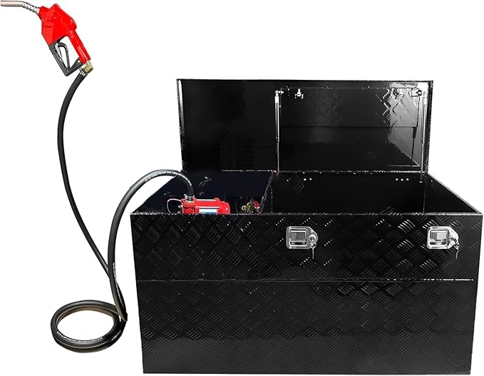 51 Gallons Fuel Transfer Tank Tool Box Combo Aluminum Gasoline Diesel Transfer Tank & Toolbox with 12 GPM Fuel Transfer Pump, Auxiliary Tank, Black Diamond Plate