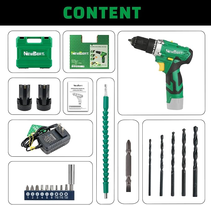 Cordless Drill Set, 12V Power Drill Driver with 2 Batteries and Charger, 3/8" Keyless Chuck, 2 Variable Speed, 15+1 Torque Setting Electric Drill, Power Tools Kit for Home and DIY Project