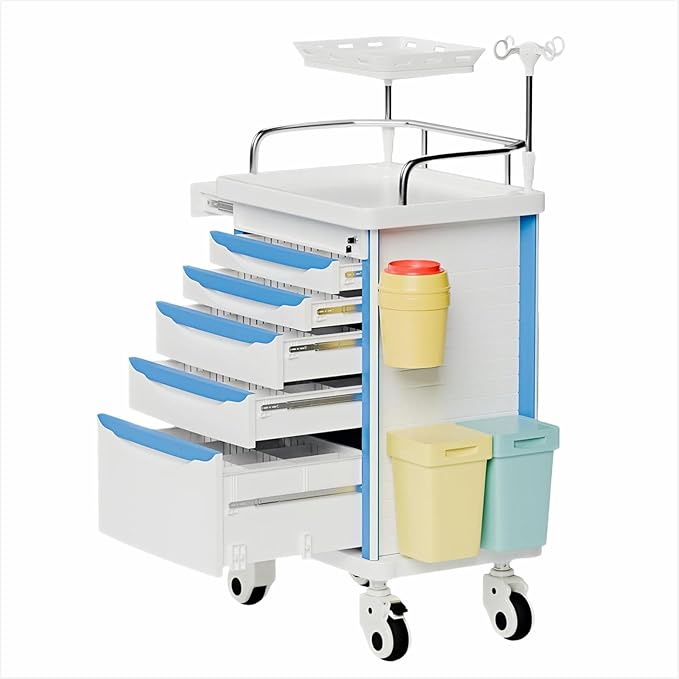 Emergency Crash Cart with Accessories IV Pole, Cardiac Board, O2 Holder, Mobile Cart, Trash Can, Drawer for Clinic,Nursing Center, 30" L x 19" W x 38" H (Blue)