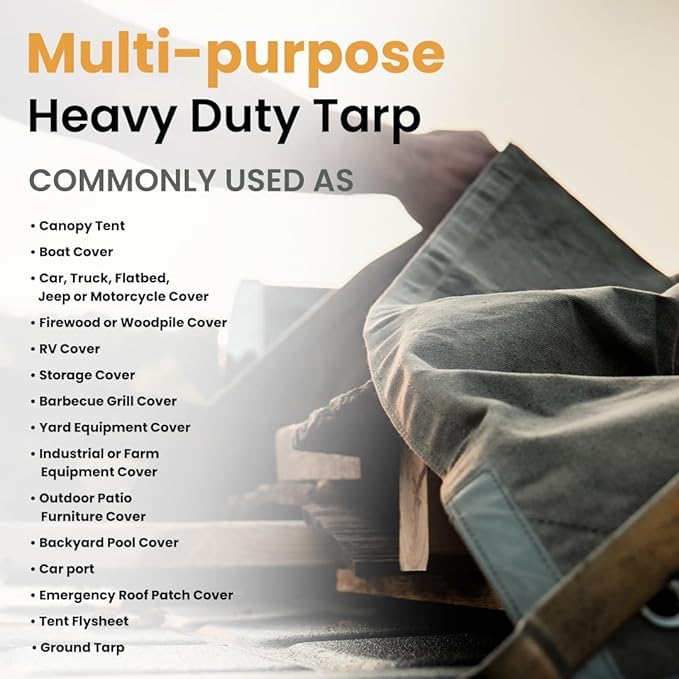 WHITEDUCK Canvas Tarp 18 oz. Heavy Duty Waterproof UV Resistant, Rustproof Grommets, Industrial & Commercial Use Cloth Tarp (Cut Size: 8'x10', Finished Size: 7'6"x9'6", Blue)