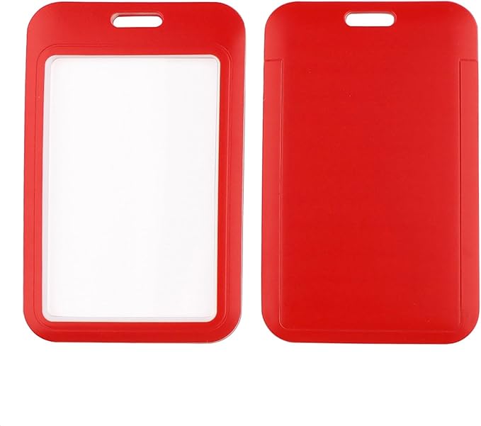 2-Pack Red Card Holder Set, Clear Plastic ID Badge Holder, Top Slot for Lanyard & Keychain, Reusable PVC Card Sleeve for Work Office School Access Card
