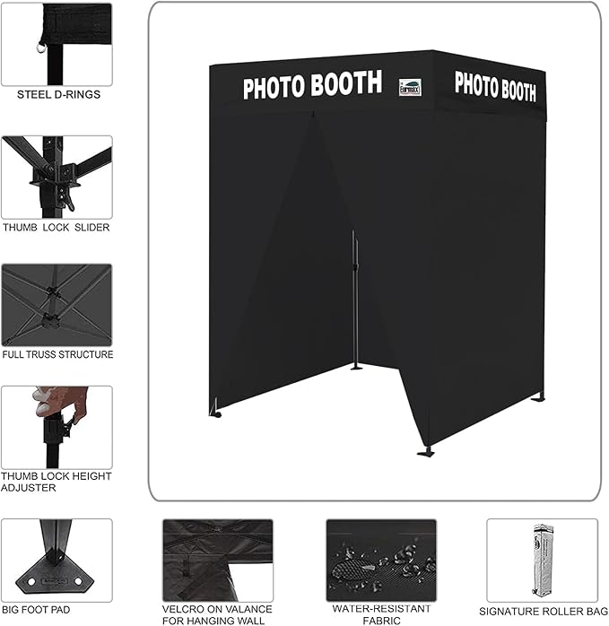 Eurmax USA 5'x5' Flat Top Pop-up Canopy Portable Photo Booth Tent for Events Wedding Photobooth for Professional Photos Photo Booth System with Roller Bag，Bonus 4 SandBags (Flat Printed Black)