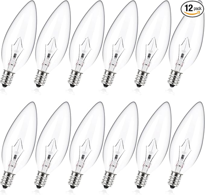E12 60 Watt Incandescent Candle Light Bulbs, Chandelier Light Bulbs for Ceiling Fan, Vanity, Outdoor - Warm White 2500K, 500 Lumen Dimmable B10 Clear Candelabra Base Bulbs (12 Pack)