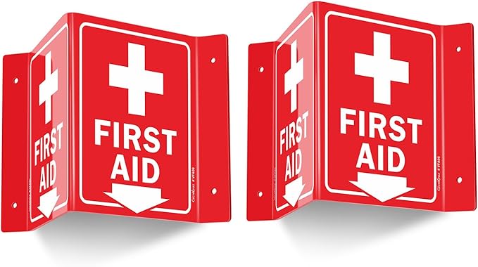 GicnKeuz First Aid Sign, 8" x 6" First Aid with Cross Symbol, Two-Sided Acrylic V-Sign for Business or Office or Wall Décor, Including Screws, Easy to Install (2 Pack)