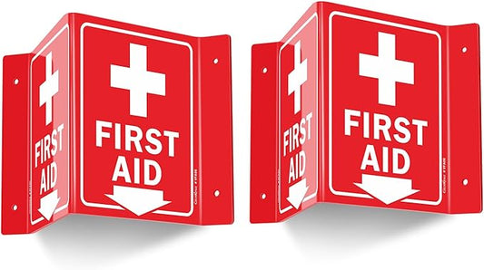 GicnKeuz First Aid Sign, 8" x 6" First Aid with Cross Symbol, Two-Sided Acrylic V-Sign for Business or Office or Wall Décor, Including Screws, Easy to Install (2 Pack)