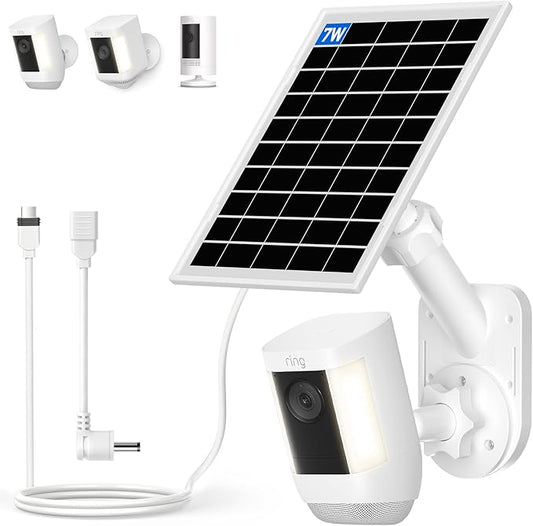 Solar Panel and 2-in-1 Wall Mount for Ring Cam, 7W Solar Charger Compatible with Rings Spotlight &Stick Up Outdoor Cam Battery, 360° Adjustable Outdoor Security Camera Mount, Weatherproof, 1-Pack
