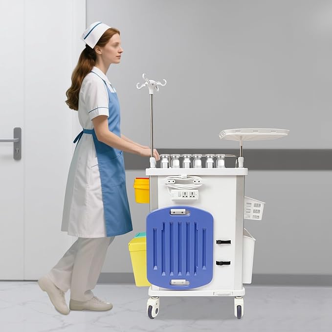 Rolling Crash Cart with Drawers & Adjustable IV Pole, Silent Casters, Needle Disposal Holder, Trash Bin, O2 Holder, Utility Trolley Cart for Clinic, Hospital, Salon, Lab, Load 176 Lbs (Green)
