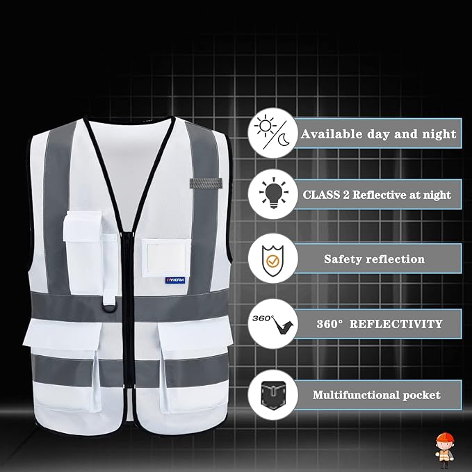 Reflective Security Safety Vests Heavy Duty with 7 Pockets and Front Zipper