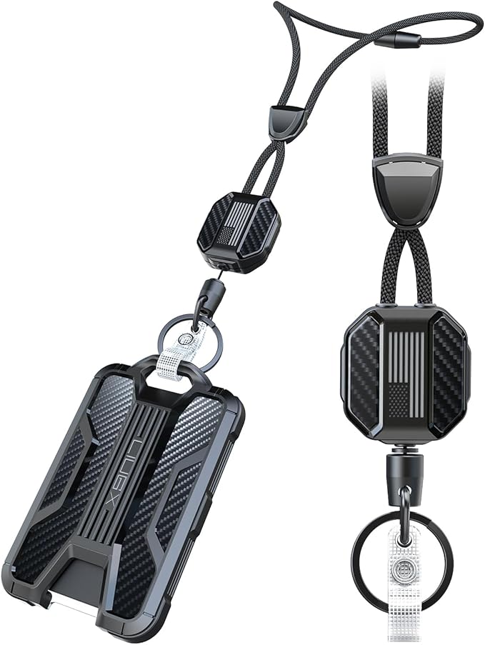 LIUGX Retractable Breakaway Lanyards for ID Badges Holder Keys, Carbon Fiber-Texture & American Flag, Badge Reel with Heavy Duty ID Card Holder (Holds 6 Cards) with 20" Cord, Keychain, 4.2 oz, Black
