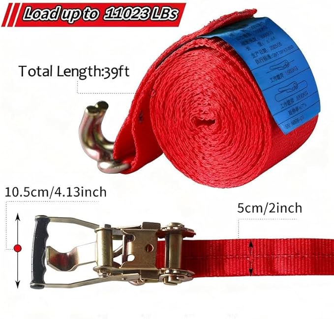 2 Pack Heavy Duty Ratchet Tie Down Straps 2" x39' – 11023 lbs Break Strength Cargo Straps with Metal Hooks for Truck, Trailer, Moving, Motorcycle & ATV, Red