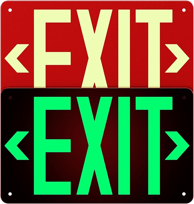 Photoluminescent Aluminum Exit Sign Red Glow in The Dark, 12x7 In Self-Adhesive Backing Emergency Exit Sign Sticker with Removable Arrows, Non-Electrical for 50 Feet Visibility (2 Pack)