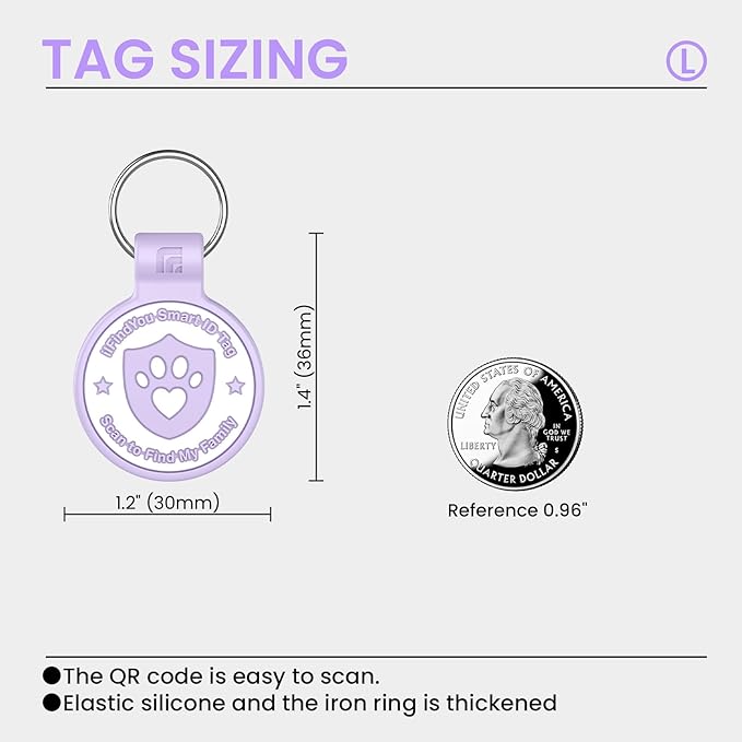 Silicone Dog Tags Personalized for Pets with QR Code, Emergency Contact Info, Anti-Lost, Scan Location Alerts(Purple-L)