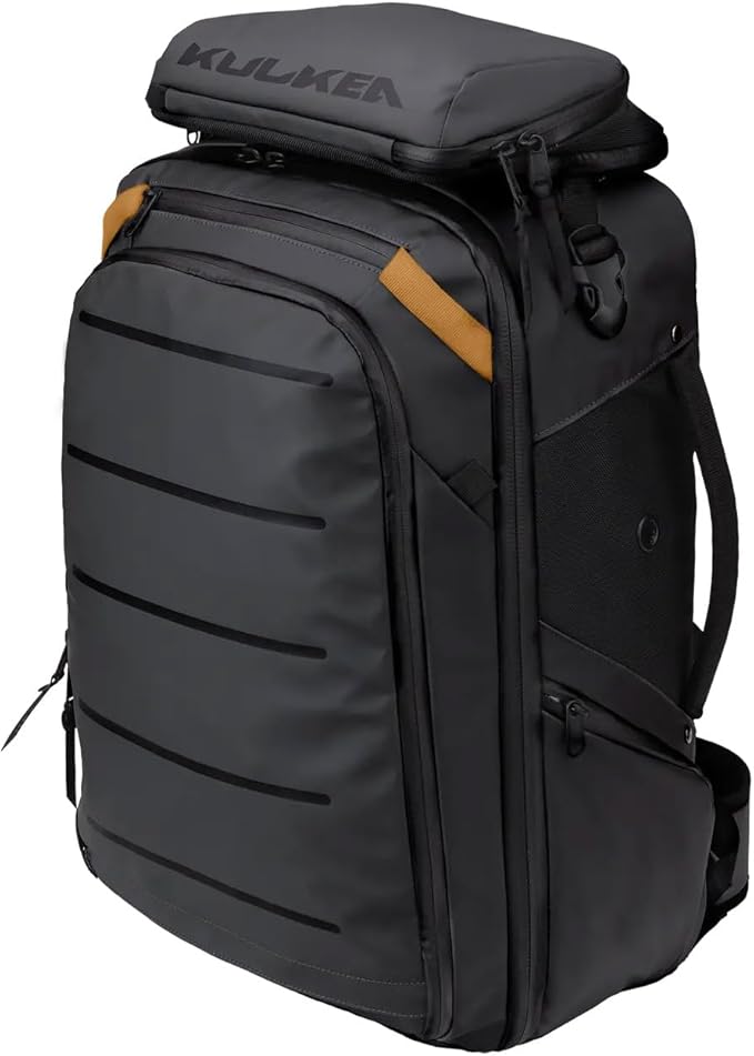 Käydä 44L Travel Backpack - Spacious Carry On Backpack with Detachable Travel Pouch, Magnetic Water Bottle Pocket, Passport and Laptop Pocket - Convertible Boot Bag for Snow Sports (Black/Gold)