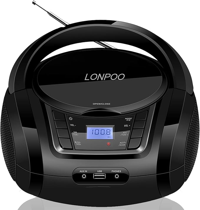 LONPOO CD Player Portable Boombox with FM Radio/USB/Bluetooth/AUX Input and Earphone Jack Output, Stereo Sound Speaker & Audio Player,Black