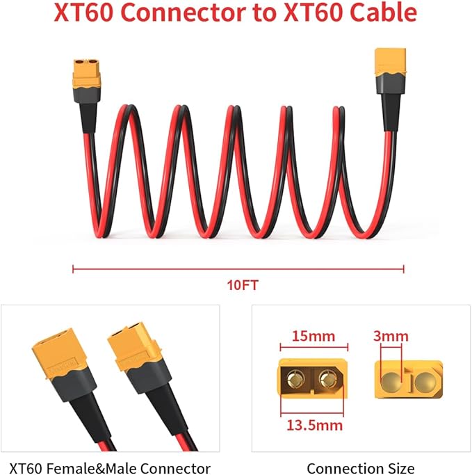 12AWG 10FT XT60 Extension Cable 2 6 10 20 35 50 75 100FT XT60 Female to Male Connector for RC Battery Portable Power Station Solar Panel(10FT)