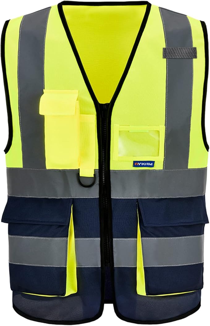 High Visibility Safety Vest with 4 Reflective Strips 7 Pockets,Yellow&Navy 6XL-8XL