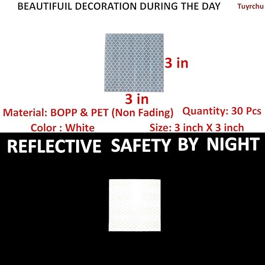 White Reflective Stickers 3 inch X 3 inch, Outdoor Waterproof High Visibility Warning Safety Adhesive Reflector Tape (30 Pcs)