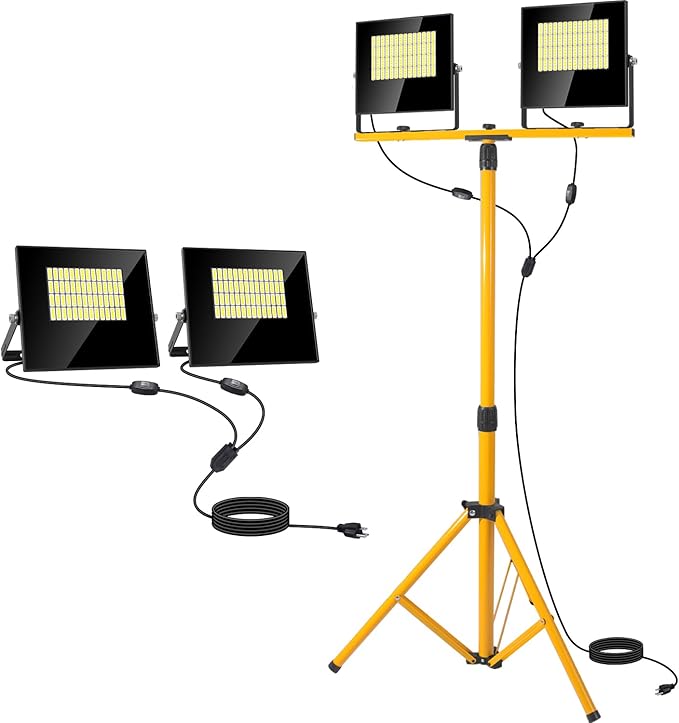 24000 Lumen LED Work Lights with Stand, Floodlight Work Light 2 Adjustable Head Work Light with 16FT IP67 Waterproof Tripod Work Light Stand for Construction Lighting