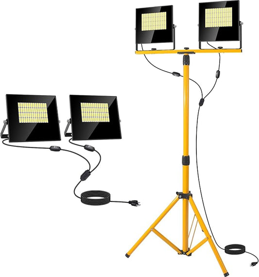 24000 Lumen LED Work Lights with Stand, Floodlight Work Light 2 Adjustable Head Work Light with 16FT IP67 Waterproof Tripod Work Light Stand for Construction Lighting
