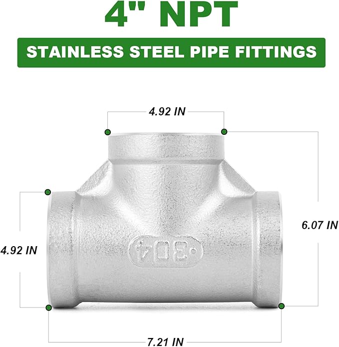 TAISHER 1PCS 304 Stainless Steel Tee Pipe Fittings, 4" x 4" x 4" NPT Female Pipe Fittings