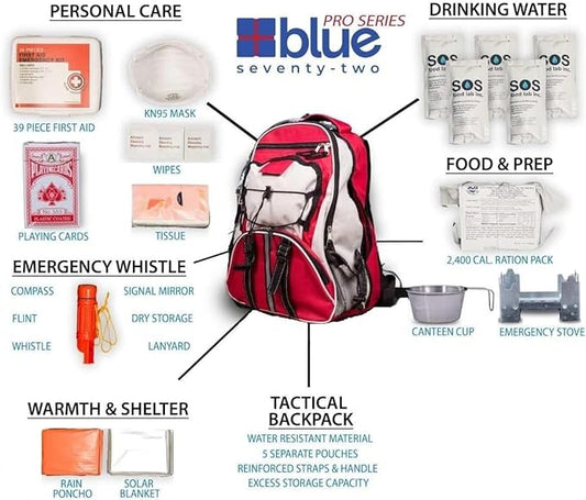 Blue Coolers Family Pack - B72 Pro Series Red Deluxe 72 Hour Emergency Backpack Survival Kit for 1 Person | Wildfires, Earthquake, Tornado, Hurricane, and Other Emergencies, 4