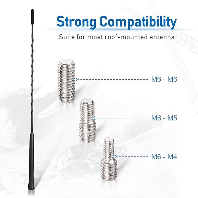 Eightwood Car Antenna Replacement 16 inch (Only for Roof-Mounted), AM FM Universal Roof Mount Car Radio Antenna Mast, Flexible Rubber Antennae with M4 M5 M6 Threaded Adapter