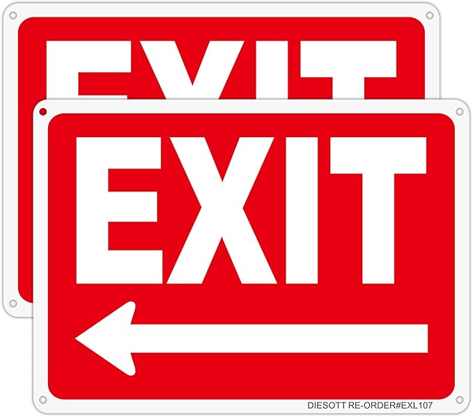 2 Pack Exit Signs with Left Arrow, 10x7 Inches Rust Free 0.40 Aluminum Metal Exit Sign, UV Protected, Durable, Weatherproof, Easy to Install, Indoor/Outdoor Use