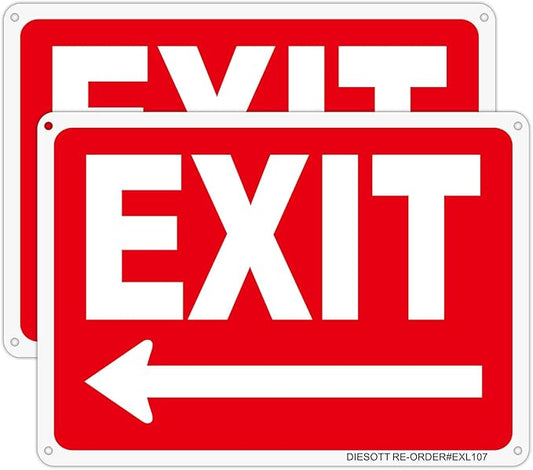 2 Pack Exit Signs with Left Arrow, 10x7 Inches Rust Free 0.40 Aluminum Metal Exit Sign, UV Protected, Durable, Weatherproof, Easy to Install, Indoor/Outdoor Use