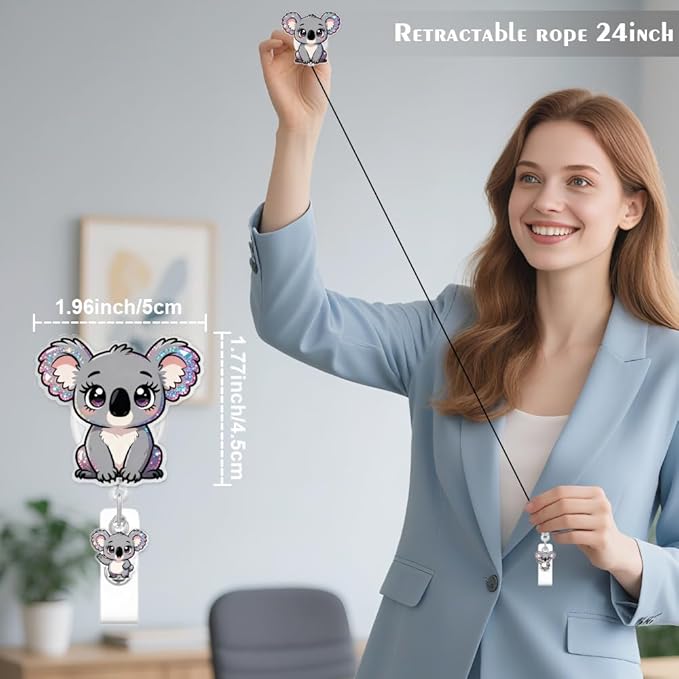 Cute Koala Badge Reel for ID Card, Funny Koala Retractable Nurse Alligator Clip Badge Reel for Women, ID Name Tag Badge Holder for Office School Hospital Nurses Doctors Teachers