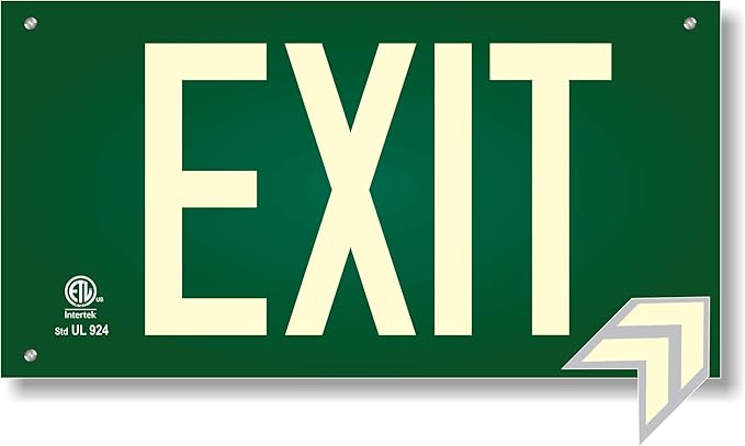 Photoluminescent Exit Sign Green W/Holes and Hardware - Code Approved Aluminum UL 924 / IBC / NFPA 101 (Directional Arrows Included)