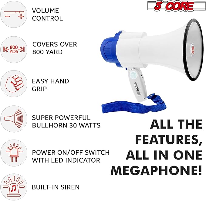 5 CORE Megaphone 30W Bull Horn PA Speaker w 800 Yards Range Loud Siren Voice Amplifier Lightweight Portable Megafono for Outdoor Sports Cheerleading and Coaches (8R-USB-WB)