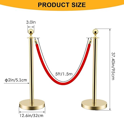 LOVMOR Stainless Steel Stanchion Post, 5 FT Red Carpet Ropes and Poles, 4 pcs Gold Stanchions with Red Rope, Hollow Base and Velvet Ropes Safety Barriers Set, Carpet Runner for Party