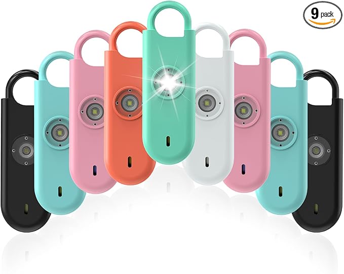 140dB Personal Safety Alarm for Women, 9 Pack Safe Alarm Protection Keychain with Strobe Light & Low Battery Notice, Security Siren Self Defense for Kids Seniors College Girls