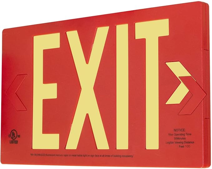 LFI Lights® UL 924 Listed 50’ Photoluminescent Exit Sign, Red Thermoplastic Housing, Double Sided, Wall, Ceiling or Side Mount, Optional Arrows, Glow in the Dark, No Power or Battery Needed, PA3R50D
