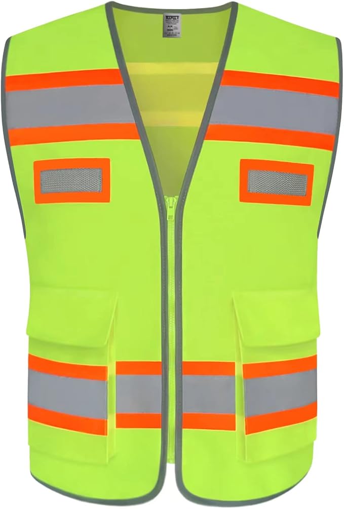 TCCFCCT High Visibility Vest with Pockets Reflective Safety Vest for Men Women, Construction Vest with Fluorescent Orange Extend Edge, Meets ANSI/ISEA Standards, Yellow, XXL